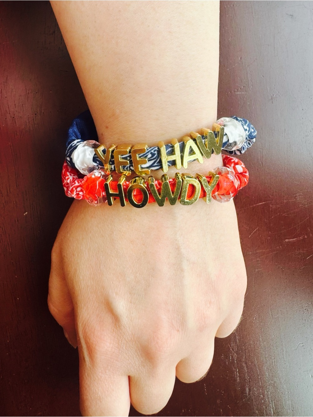 Bandana Bracelet Set YEE HAW & HOWDY Gold Letter Charm Bracelets Red White Blue